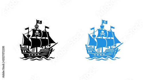 Tableau sur toile Pirate ship silhouettes sailing on waves nautical adventure theme vector illustr