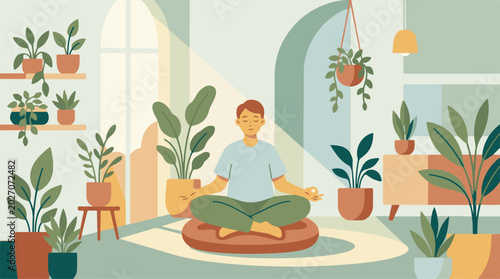 Fotografie A person meditating peacefully surrounded by lush green indoor plants, embodying