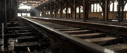 Balanced train tracks indoors illuminated by sunlight passing wooden roof emphasizing steel and metal engineering