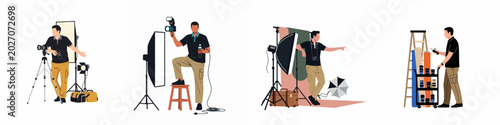 Set of four illustrations depicting a male professional photographer working in a photo studio with various equipment, cameras, lighting setups, and accessories.