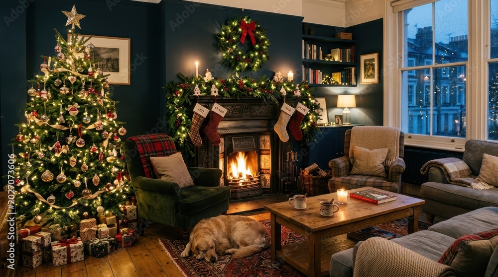 Fototapeta premium Cozy Christmas living room with a decorated tree, fireplace, and sleeping dog