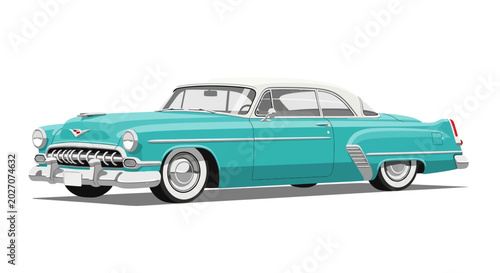 фотографія Turquoise and white vintage car on white background