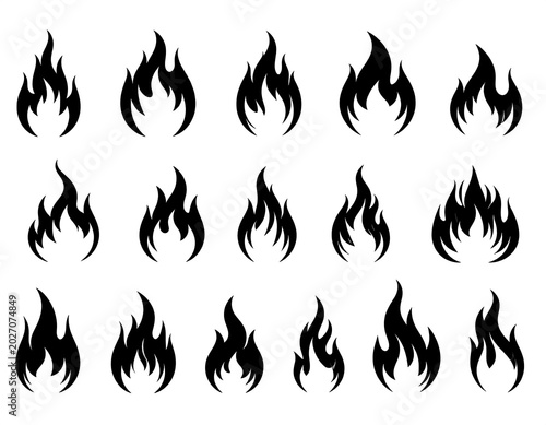 A collection of flame icons in black on a white background