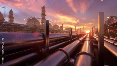 Aerial angle of glossy gas refinery pipelines with storage tanks and a vibrant orange sunset. Perfect for energy and industrial content.