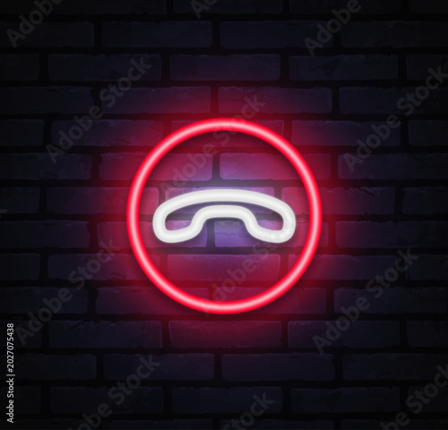 Red neon phone receiver icon in circle. Hotline and customer support symbol for contact, communication, and calling.