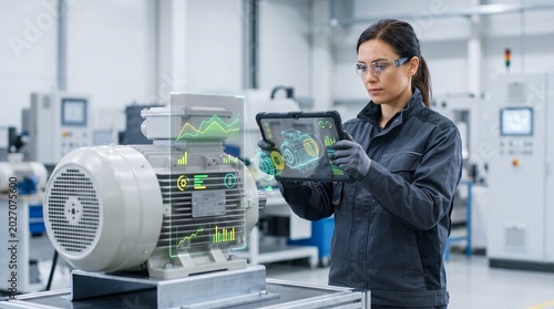 Industrial technician augmented reality tablet motor bearing alerts concept. Engineer analyzing data on tablet in a modern industrial environment.