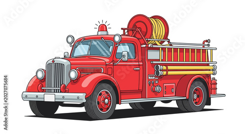 Foto Retro red fire truck with hose and ladder