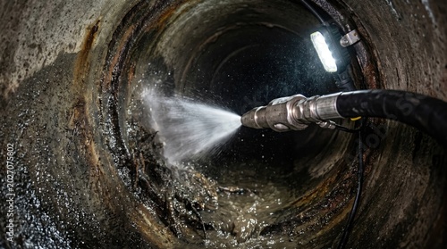 Maintenance severed main sewer pipe hydro jet cleaning concept. High-pressure cleaning equipment inside a dark, cylindrical sewer tunnel.