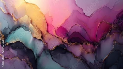Fluid layers of color blend with shimmering metallic accents creating an abstract landscape