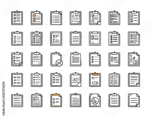 A collection of icons featuring various clipboard designs