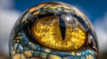 Macro view of a piercing reptile eye with intricate scales and vibrant golden iris, showcasing nature's wild beauty