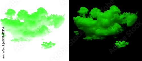Vibrant green clouds isolated on white and black backgrounds, toxic neon smoke effect, radioactive gas vapor for creative design and compositing