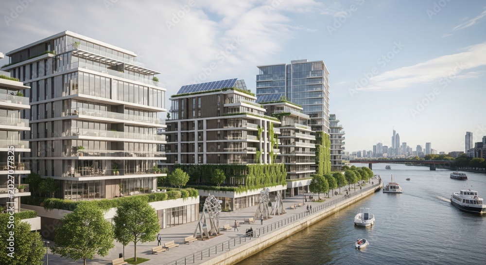 Obraz premium Sustainable Urban Architecture with Green Walls and Solar Panels