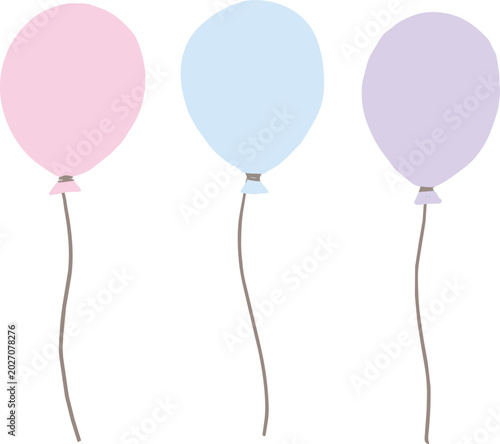 Three pastel-colored balloons in pink, blue, and purple with strings, floating against a white background, perfect for celebrations and party decorations.