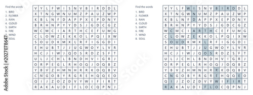 Foto Word search puzzle with incomplete grid and highlighted words