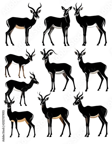 A collection of nine black silhouettes of antelopes