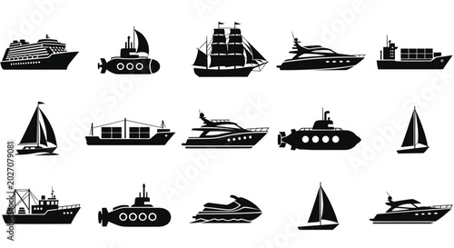 Bilde på lerret Collection of various boat silhouettes.