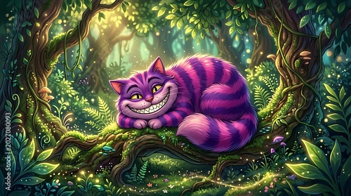 Cheshire cat with a wide grin resting on a mossy tree branch in a magical, glowing enchanted forest with fireflies and lush greenery