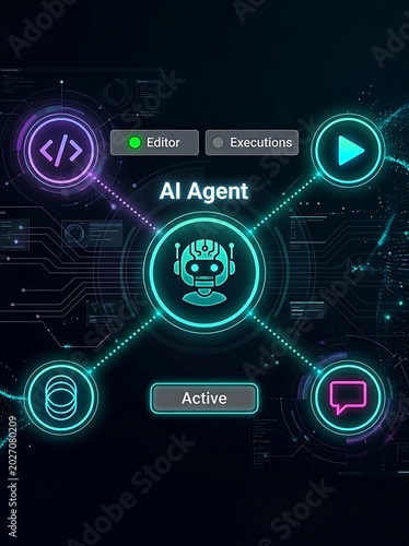 Futuristic ai agent interface with glowing digital circuit elements and robot icon