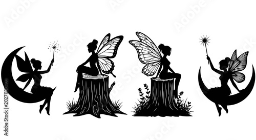 Foto Black silhouettes of four fairies sitting.