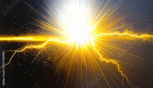 Explosión brillante e intensa de luz dorada con descargas eléctricas dinámicas y partículas resplandecientes