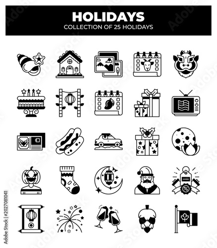 Collection of 25 Holidays. Festive Icons for Celebrations