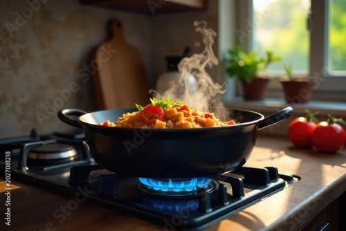 A delicious meal simmers gently on a stovetop, steam rising from a pot The warm kitchen light creates a cozy atmosphere, perfect for home cooking , oven, simmer