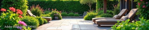 Serene patio garden oasis featuring lush greenery, blooming flowers, and elegant stone paving  Perfect for relaxation and outdoor entertaining  Enjoy the tranquility ,  plants,  comfortable