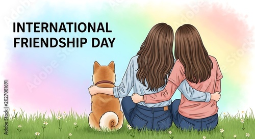 International friendship day illustration with two girls and a dog