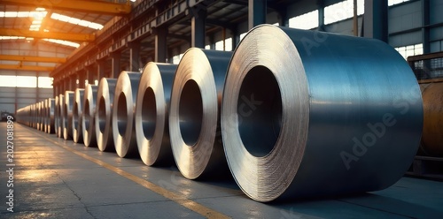 Large steel coils neatly stacked outdoors, reflecting sunlight Ready for industrial processing and manufacturing Heavy steel, metal industry, warehouse storage , reflection, storage, factory