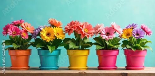 A cheerful array of colorful flowerpots filled with blooming flowers, ready to brighten any space  Perfect for spring, summer, gardening, and home decor  ,  patio,  balcony,  potted plants