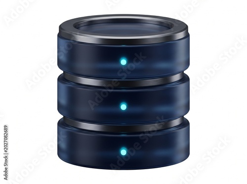 Sleek 3D Render of a Modern Database Server Stack with Blue Glowing Indicators for Data Storage and Efficient Processing