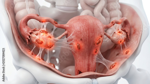 Endometriosis affecting uterus and ovaries with uterine lining tissue spreading causing inflammation and pain in female reproductive system anatomy