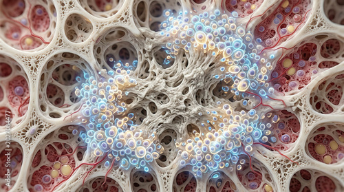 Abnormal bone tissue with porous structure and cellular clusters, showing detailed microscopic view of bone marrow and blood vessels in biological environment