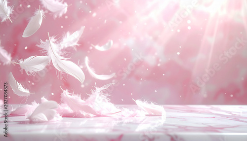 White Feathers Floating in Soft Pink Room with Glowing Light, Dreamy Feminine Background with Copy Space