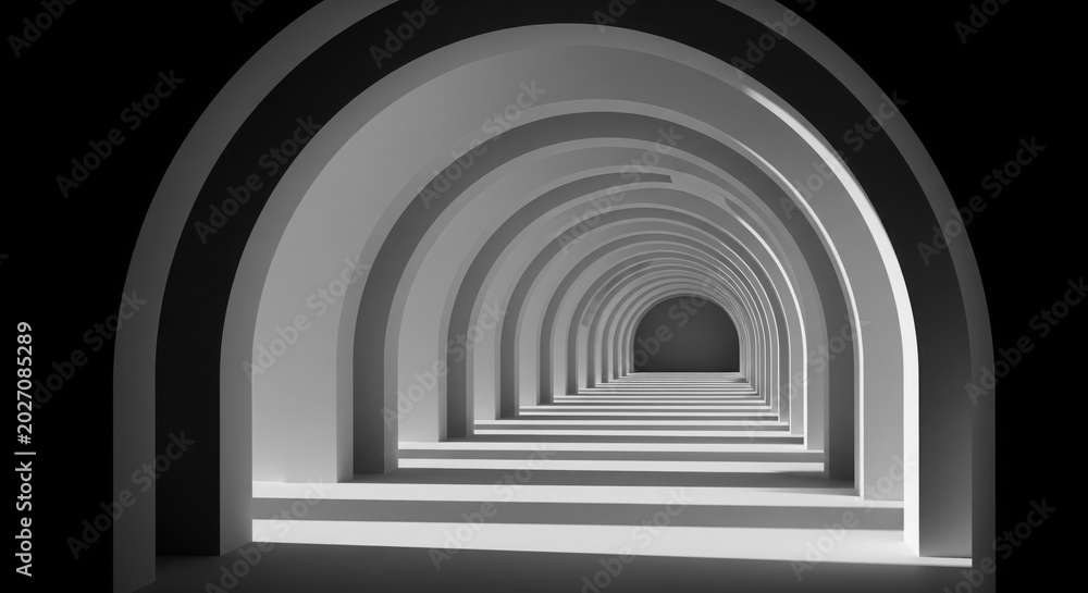 Fototapeta premium Minimalist White Arched Corridor with Deep Shadows and Perspective