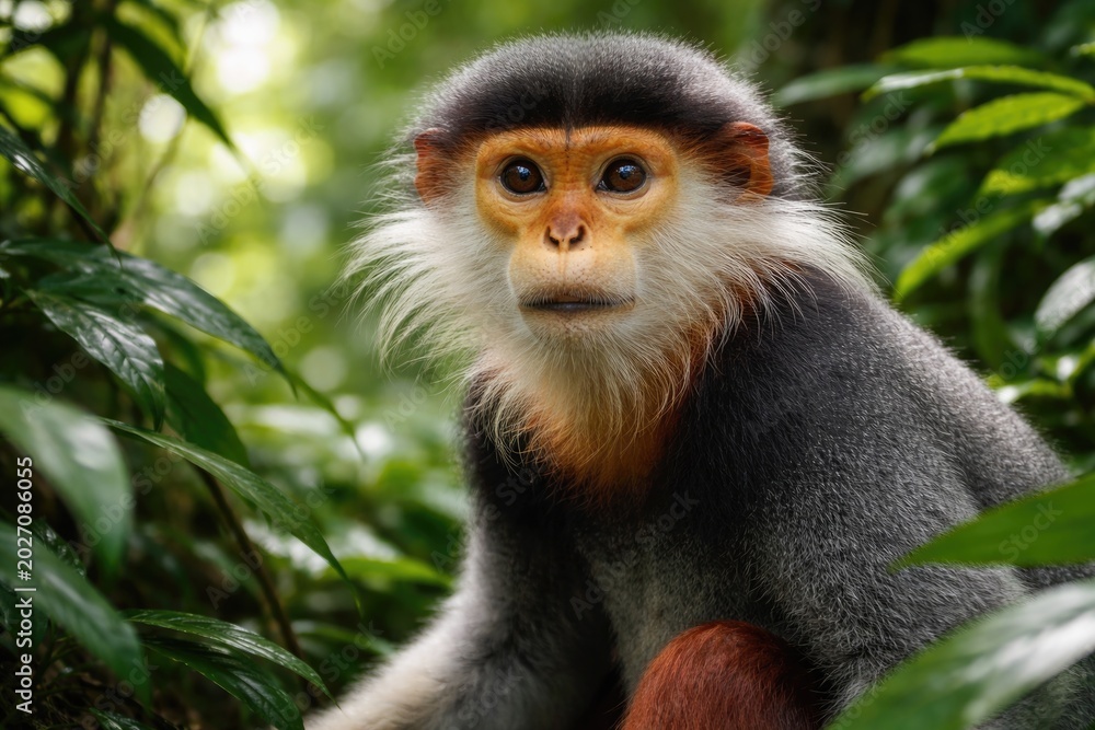 Fototapeta premium Wildlife close up of a red shanked douc langur exhibiting alert expression among tropical foliage