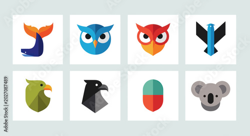 Photography Set of Flat Animal Icons: Whale, Owls, Eagle, Hawk, Koala, Bird