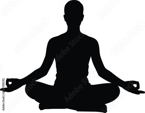 Silhouette of a person meditating in a lotus pose with hands in Gyan Mudra meditation yoga
