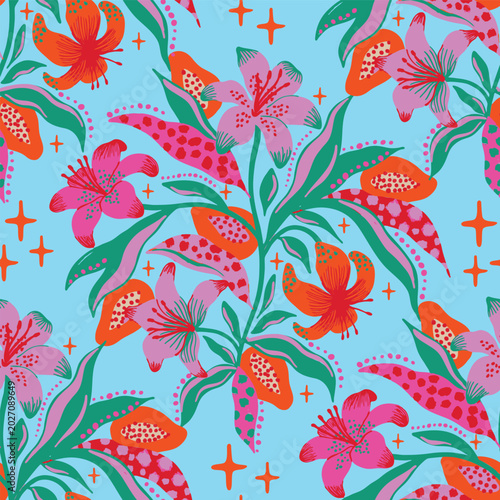 Tropical abstract lilies and papaya seamless pattern design