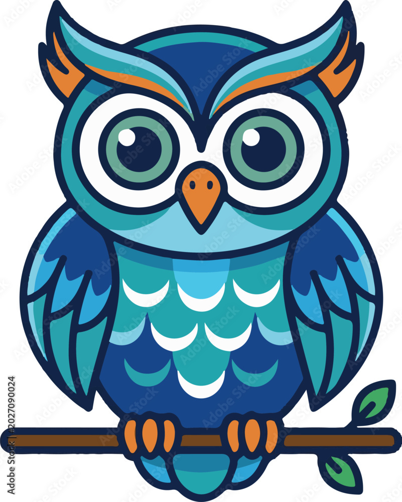 Fototapeta premium Colorful cartoon owl sitting on a branch isolated on white background