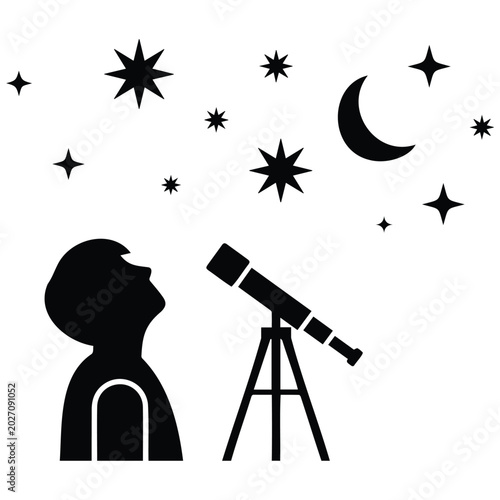 Konstfotografi Boy stargazing with telescope silhouette vector illustration looking at moon and stars