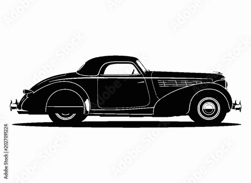 Schilderij op canvas Vintage Roadster Silhouette: A striking black silhouette of a classic roadster convertible, featuring a sleek, aerodynamic design and iconic vintage automotive curves
