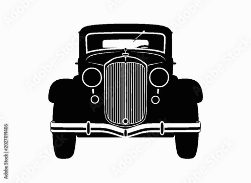 Foto Vintage Car Silhouette: A striking black silhouette of a classic automobile from a bygone era, featuring distinctive retro design elements, presented head-on