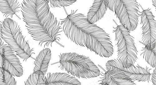 Intricate seamless pattern of soft bird feathers in a highly detailed black and white engraving style on a clean white background.