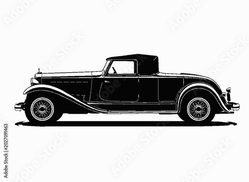Konstfotografi Vintage Convertible Automobile: A classic black convertible automobile, representing a bygone era of automotive design, captured in a silhouette against a clean backdrop