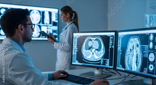 Medical professionals analyzing CT scans on computer screens in a modern hospital setting.