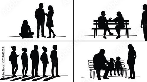 Bild auf Leinwand Vector silhouettes of daily life social scenarios featuring people standing in l