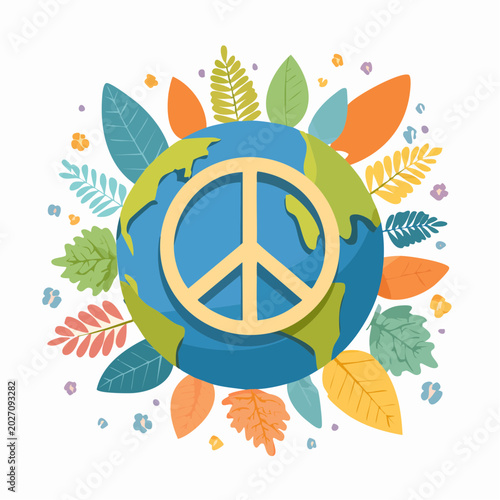 Illustration of Earth with a peace symbol and a variety of colorful leaves and flowers symbolizing harmony and environmental conservation