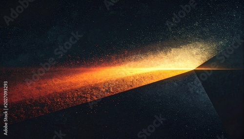 Raggio di luce luminoso da arancione a giallo che interseca piani geometrici scuri con effetto particellare su sfondo testurizzato